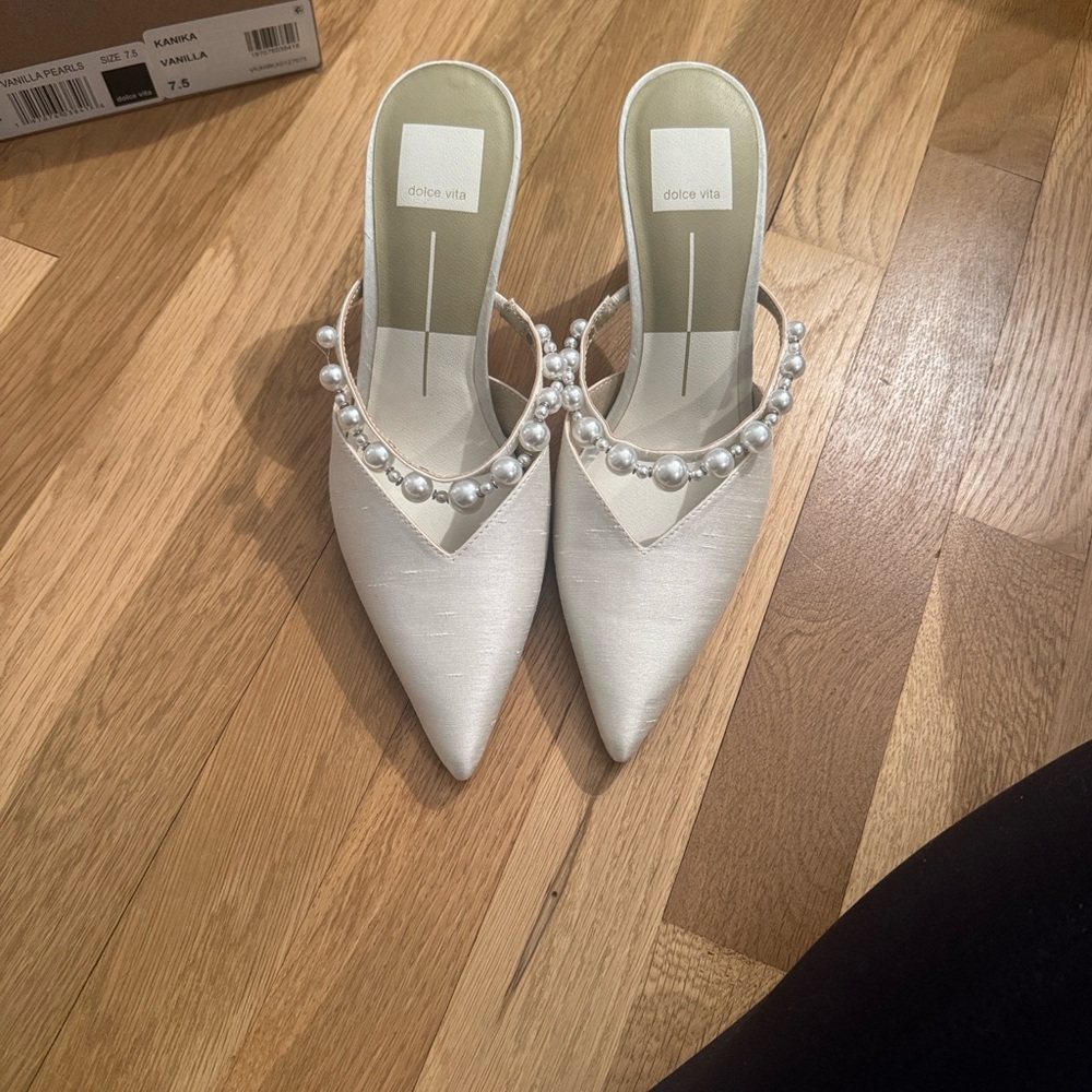 Dolce Vita White Pearl-Embellished Pointed Toe Mules